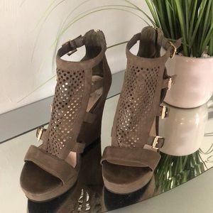 GUESS Suede High Heels Wedge Shoes, Neutral Green, size 7.5